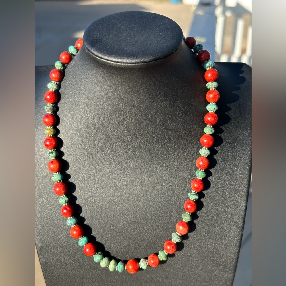 Turquoise and Coral Bead Necklace 925 19”